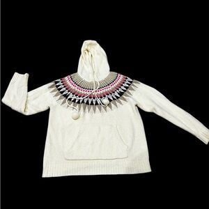 Olivia Sky Cozy Cream Hooded Sweater with Pink and Black Pattern-Size Large